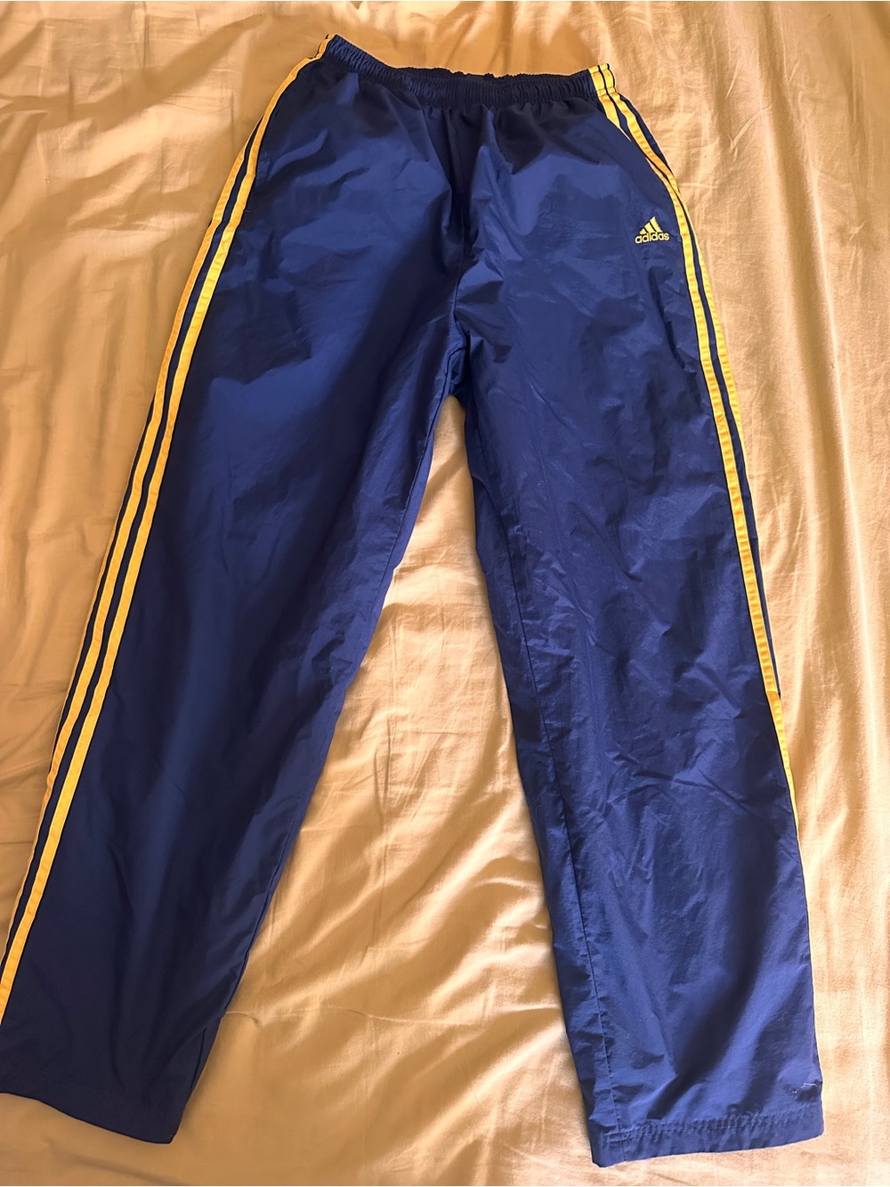 Adidas Track Pants Mens Medium Blue Yellow 3 Stripes Elastic Waist Athletic Y2K